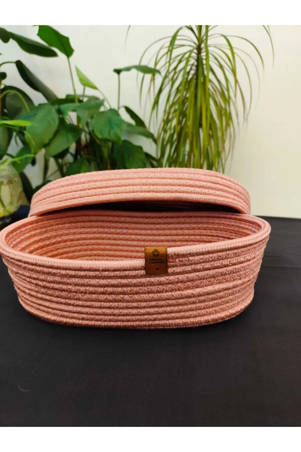 Pembe jüt hasır sepet oval kapaklı organizer 30X20X21